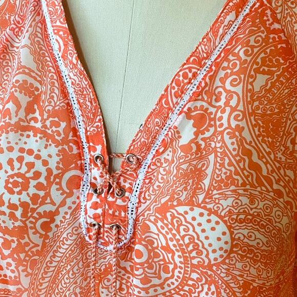 JOHNPAULRICHARD Orange Paisley Batwing Bohemian Blouse Top ~ Women's MEDIUM - Picture 6 of 7